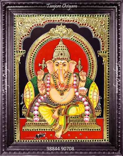 Vinayagar Authentic Tanjore Style painting seated gold throne red halo mouse gold foil artwork